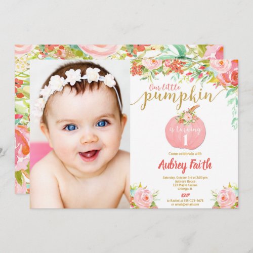 Pumpkin birthday blush floral watercolor photo invitation