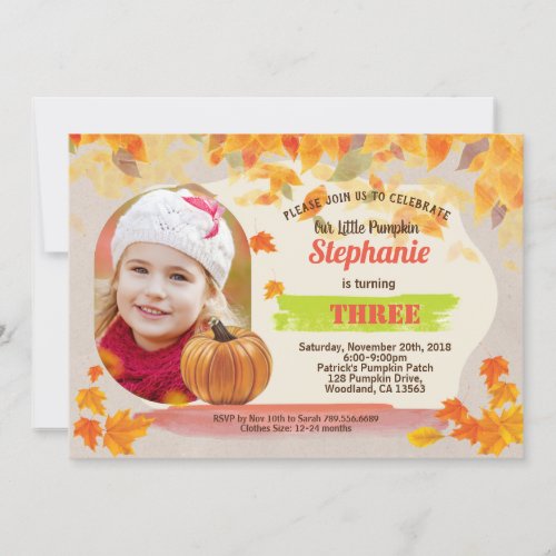 Pumpkin birthday Fall Thanksgiving photo Invitation