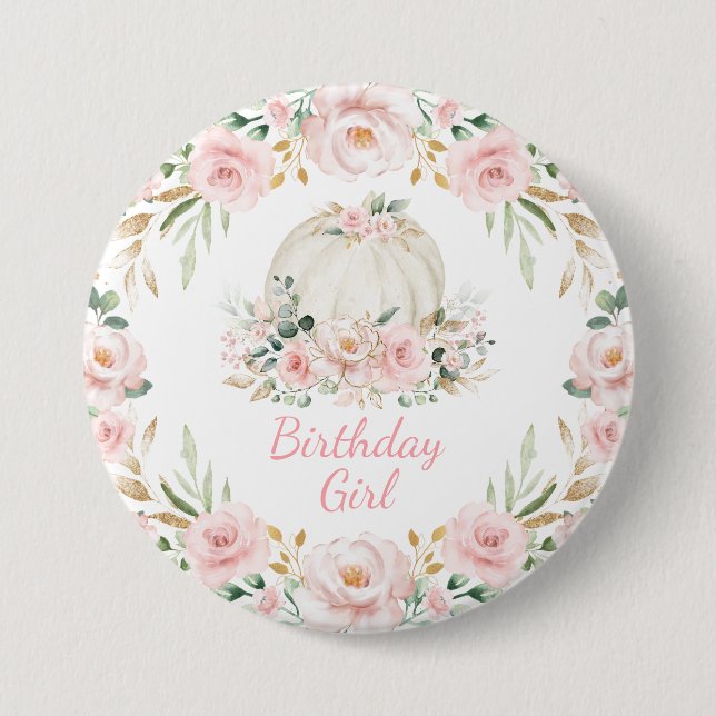 Pumpkin Birthday Girl Pink Blush Fall Floral Roses Button (Front)