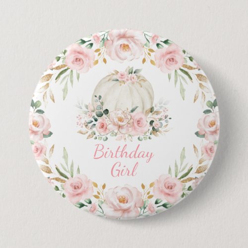 Pumpkin Birthday Girl Pink Blush Fall Floral Roses Button