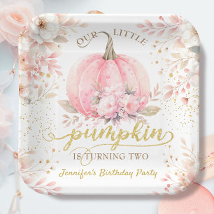 Pumpkin Birthday Girl Pink Gold Elegant Fall Paper Plates