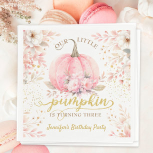 Pumpkin Birthday Girl Pink Gold Floral Autumn Napkins