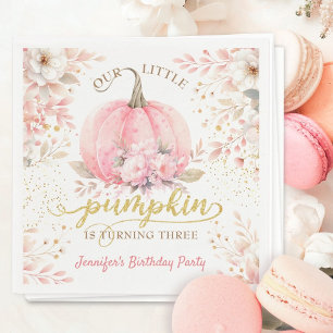 Pumpkin Birthday Girl Pink Gold Floral Autumn Napkins
