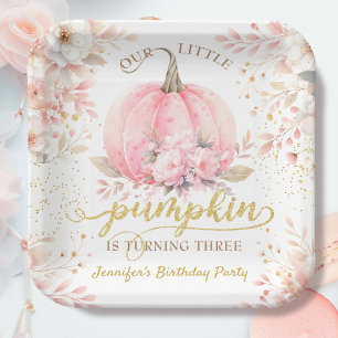 Pumpkin Birthday Girl Pink Gold Floral Autumn Paper Plates