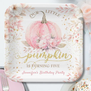 Pumpkin Birthday Girl Pink Gold Floral Autumn Paper Plates