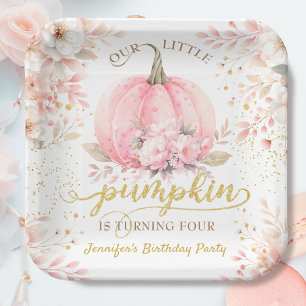 Pumpkin Birthday Girl Pink Gold Floral Autumn Paper Plates
