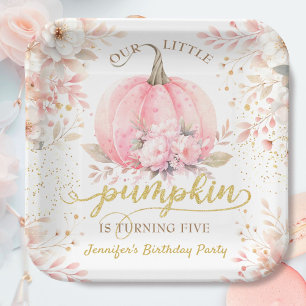 Pumpkin Birthday Girl Pink Gold Floral Autumn Paper Plates