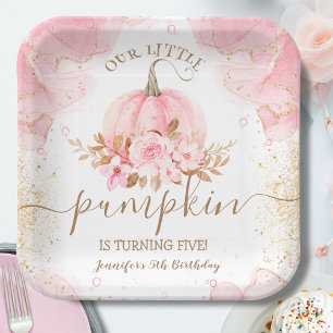 Pumpkin Birthday Girl Pink Gold Floral Paper Plates