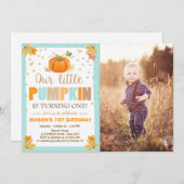 Pumpkin Birthday invitation Boy Birthday Fall blue (Front/Back)
