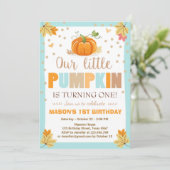 Pumpkin Birthday invitation Boy Birthday Fall blue (Standing Front)