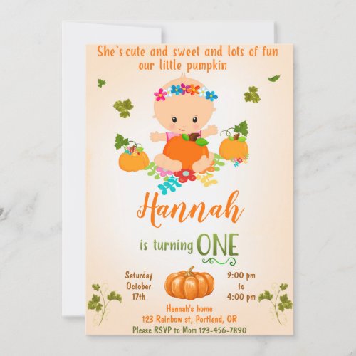 Pumpkin birthday invitation Fall invitation girl