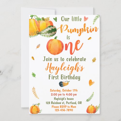 Pumpkin birthday invitation Fall invitation girl