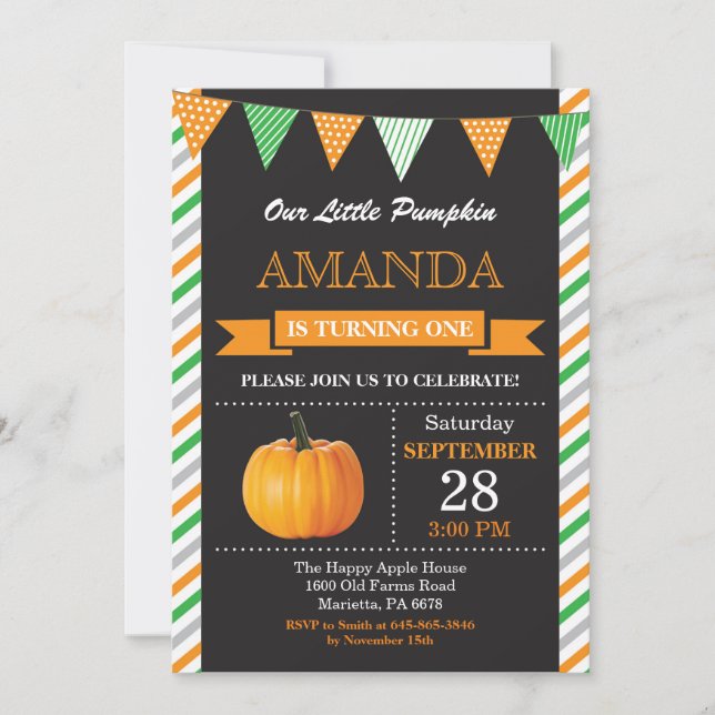 Pumpkin Birthday Invitation Orange and Green (Front)