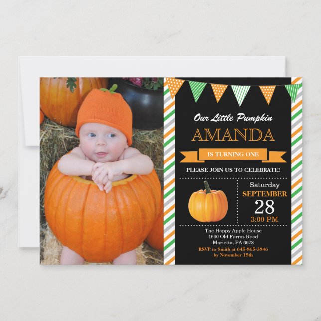 Pumpkin Birthday Invitation Orange and Green (Front)