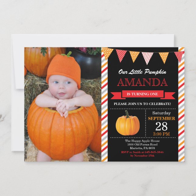 Pumpkin Birthday Invitation Orange and Red (Front)