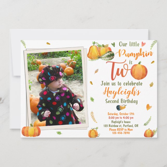 Pumpkin birthday invitation Photo Fall invitation (Front)