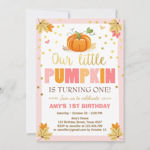 Pumpkin Birthday invitation Pink First Birthday