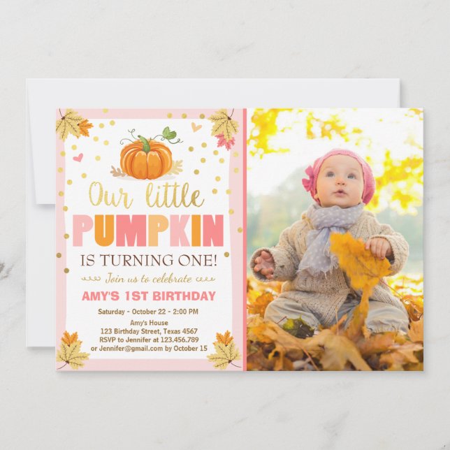 Pumpkin Birthday invitation Pink First Birthday (Front)