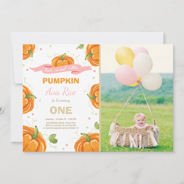 Pumpkin Birthday invitation Pink First Birthday (Front)