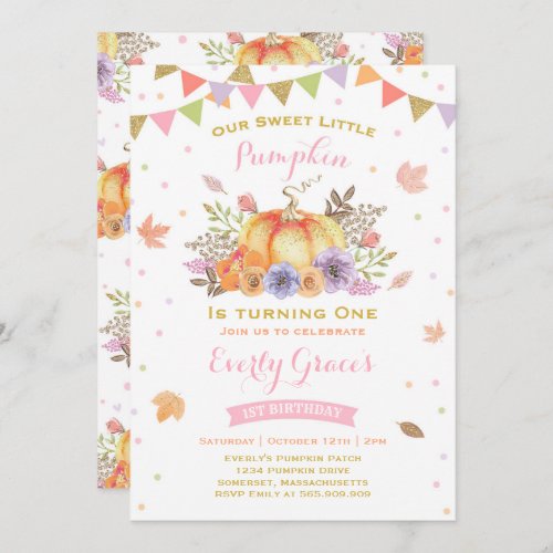 Pumpkin Birthday Invitation Pink  Gold Fall Party