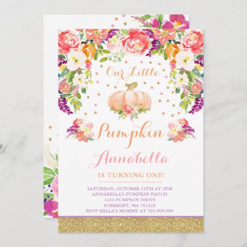 Pumpkin Birthday Invitation Pink Gold Pumpkin