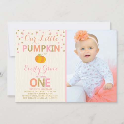 Pumpkin Birthday Invitation Pink Gold Pumpkin