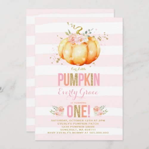 Pumpkin Birthday Invitation Pink Gold Pumpkin