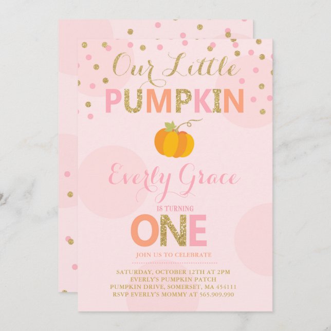 Pumpkin Birthday Invitation Pink Gold Pumpkin (Front/Back)
