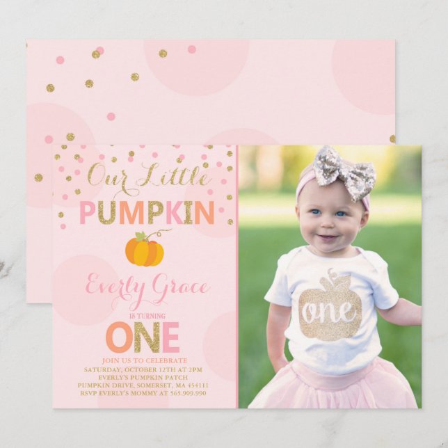 Pumpkin Birthday Invitation Pink Gold Pumpkin (Front/Back)