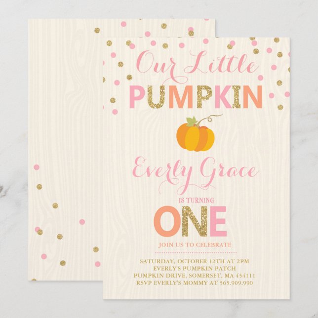 Pumpkin Birthday Invitation Pink Gold Pumpkin (Front/Back)