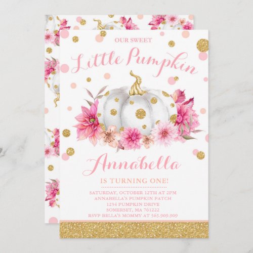 Pumpkin Birthday Invitation Pink Gold Pumpkin