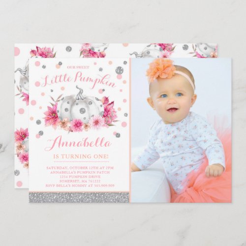 Pumpkin Birthday Invitation Pink Silver Pumpkin