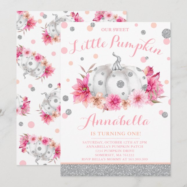 Pumpkin Birthday Invitation Pink Silver Pumpkin (Front/Back)