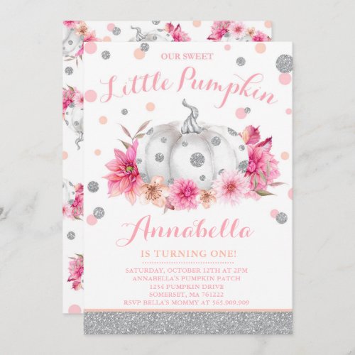 Pumpkin Birthday Invitation Pink Silver Pumpkin