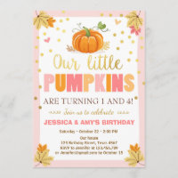 Pumpkin Birthday invitation Pink Twin Joint Dual