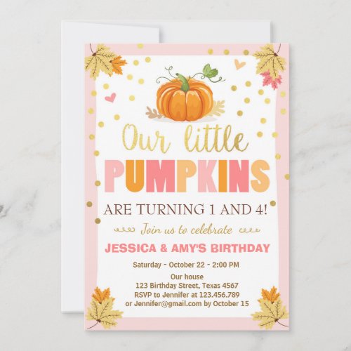 Pumpkin Birthday invitation Pink Twin Joint Dual