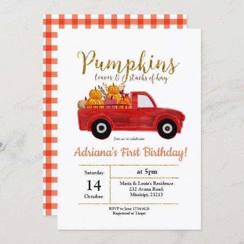Pumpkin Birthday Invitation Pumpkin Truck card