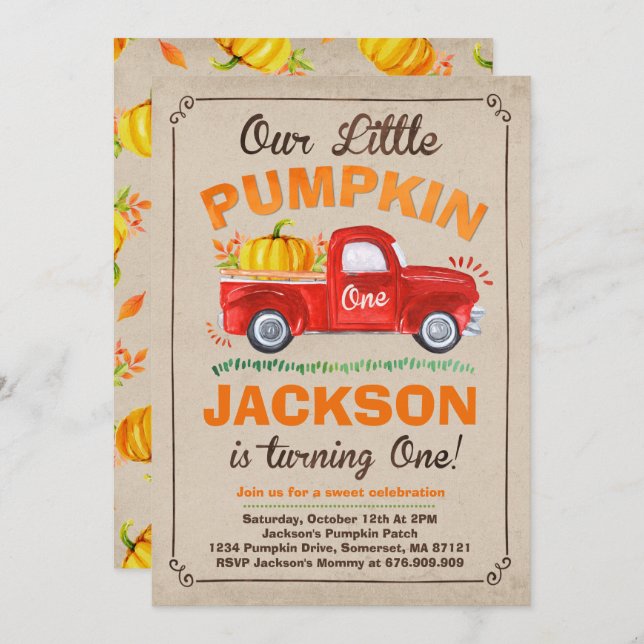 Pumpkin Birthday Invitation Pumpkin Truck Party (Front/Back)