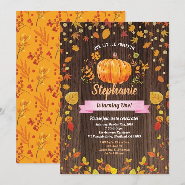 Pumpkin birthday invitation. Rustic 1st birthday Invitation (Front/Back)