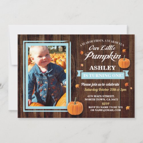 Pumpkin Birthday ONE Photo Blue Fall 1st Invite