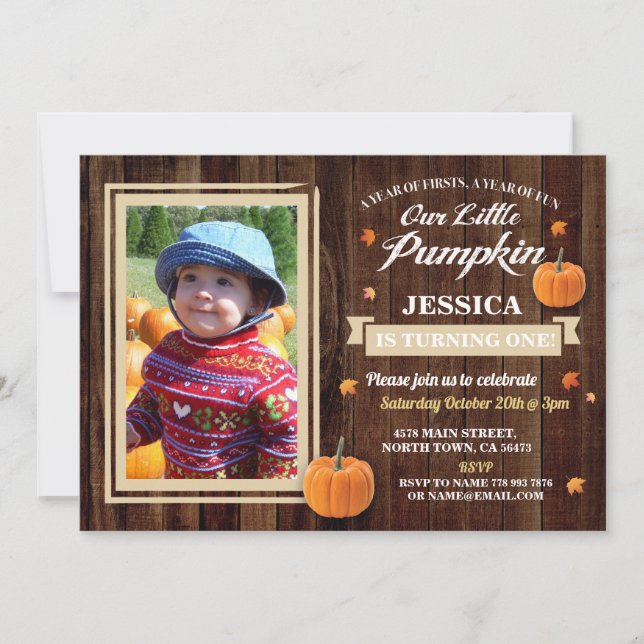 Pumpkin Birthday ONE Photo Girl Fall 1st Invite (Front)