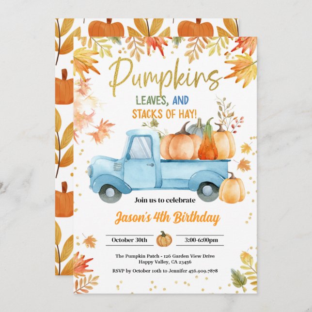 Pumpkin Birthday Party Boy Blue Truck Fall Autumn Invitation (Front/Back)