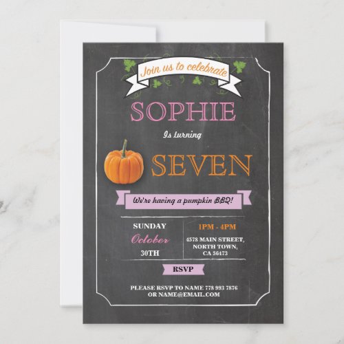 Pumpkin Birthday Party Chalk Pink Any Age Invites