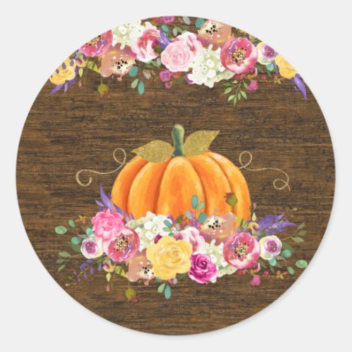 Pumpkin Birthday Party Favor Tag Fall Floral Classic Round Sticker