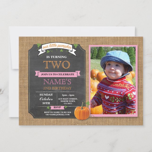 Pumpkin Birthday Party Harvest Photo Pink Invite (Front)