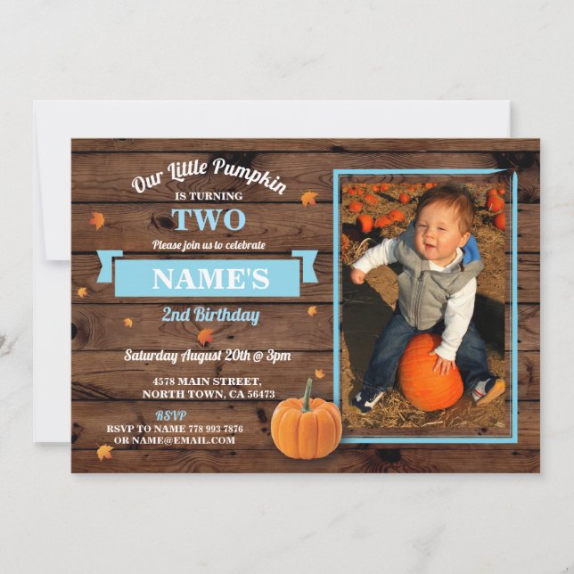 Pumpkin Birthday Party Photo Fall Blue Boy Invite (Front)