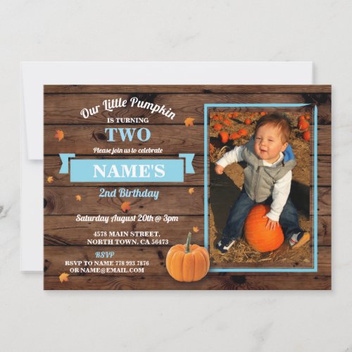 Pumpkin Birthday Party Photo Fall Blue Boy Invite