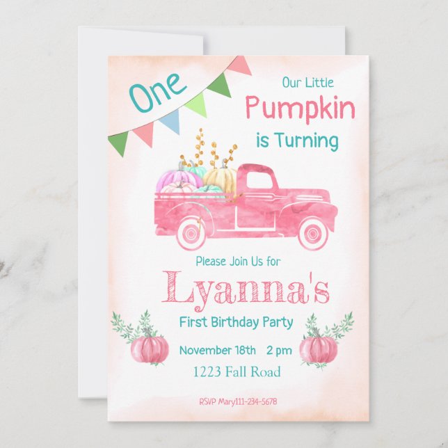 Pumpkin Birthday, Pumpkin Party, Fall, Pink Party Invitation (Front)
