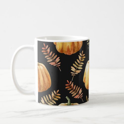 Pumpkin Black Background Watercolor Pattern Coffee Mug