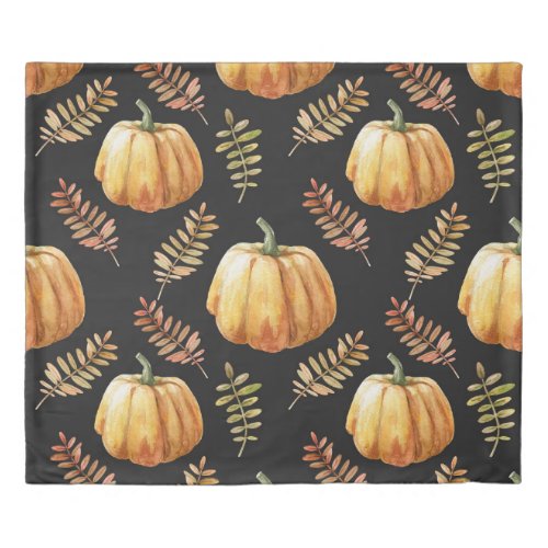 Pumpkin Black Background Watercolor Pattern Duvet Cover